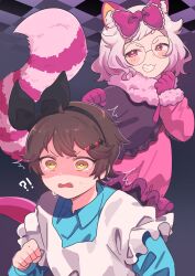 2girls :3 alice_(alice_in_wonderland) alice_(alice_in_wonderland)_(cosplay) alice_in_wonderland animal_ears apron black_bow blue_shirt blush bow brown_hair cat_ears cat_girl cat_tail cheshire_cat_(alice_in_wonderland) cheshire_cat_(alice_in_wonderland)_(cosplay) commentary_request copyright_request cosplay crying dress fur_trim gradient_hair grin hair_bow highres mameo_(mameo6416) multicolored_hair multiple_girls pink_dress pink_eyes shirt short_hair smile smug tail white_apron white_hair yellow_eyes