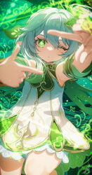 1girl artistic_error bloomers cross-shaped_pupils detached_sleeves dress genshin_impact gradient_hair green_hair grey_hair hair_between_eyes hair_ornament hands_up highres leaf_hair_ornament looking_at_viewer multicolored_hair nahida_(genshin_impact) one_eye_closed parted_lips pointy_ears shibuki_kamone short_sleeves side_ponytail sleeveless sleeveless_dress solo symbol-shaped_pupils underwear white_bloomers white_dress