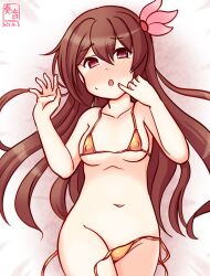 1girl alternate_costume bikini blush breasts brown_eyes brown_hair collarbone dated gold_bikini gradient_background hair_ornament kanon_(kurogane_knights) kantai_collection kisaragi_(kancolle) long_hair looking_at_viewer lying micro_bikini one-hour_drawing_challenge open_mouth pink_background small_breasts smile solo swimsuit