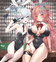2girls alternate_costume animal_ear_hairband animal_ears arm_support black_gloves black_horns black_leotard blue_archive blue_eyes breasts breasts_apart cleavage covered_navel demon_horns demon_tail detached_collar double_bun erika_(blue_archive) fake_animal_ears gloves grin hair_bun hairband highres horns kirara_(blue_archive) large_breasts leotard long_hair multiple_girls neck_ribbon open_mouth pink_hair playboy_bunny rabbit_ear_hairband rabbit_ears red_ribbon ribbon short_hair skindentation small_breasts smile sparkle tail thigh_strap thighs v watermark white_hair zuoye