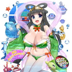 Rule 34 | 1girl, bikini, black hair, blue eyes, breasts, cow girl, cow horns, fish, folding fan, gold tiara, green bikini, green sleeves, hand fan, horns, kusaka souji, large breasts, long hair, long sleeves, miru holstein, seahorse, swimsuit, turtle, uchi no hime-sama ga ichiban kawaii, water, wide sleeves