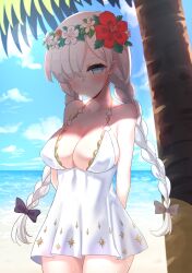1girl absurdres anastasia_(fate) anastasia_(swimsuit_archer)_(fate) anastasia_(swimsuit_archer)_(second_ascension)_(fate) beach black_bow blue_eyes blush bow braid breasts cleavage closed_mouth cloud collarbone dress fate/grand_order fate_(series) flower flower_wreath hair_bow hair_over_one_eye highres ocean palm_tree rayno red_flower shadow sky smile solo sundress tree twin_braids white_dress white_flower white_hair
