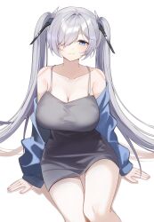Rule 34 | 1girl, alternate costume, blue jacket, breasts, cinderella (nikke), cleavage, collarbone, dress, eunwxx u, goddess of victory: nikke, grey dress, grey hair, hair over one eye, highres, jacket, simple background, smile, solo, twintails, white background