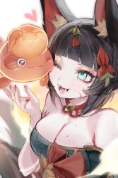 1girl absurdres after_hours_spirit_blossom_springs_ahri ahri_(league_of_legends) animal_ear_fluff animal_ears bare_shoulders bell black_hair blue_eyes breasts cleavage fangs fish fox_ears fox_girl gold_eyeshadow heart highres japanese_clothes league_of_legends looking_at_another mole mole_on_breast nakiyande one_eye_closed red_nails red_ribbon red_streaks ribbon rope shimenawa simple_background smile solo spirit_blossom_(league_of_legends) white_background