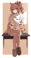 1girl animal_ears black_eyes bow brown_cardigan brown_hair brown_shoes cardigan closed_mouth commentary crossed_legs dated desk dress_shirt drill_hair drill_sidelocks ear_bow full_body highres horse_ears horse_girl kasamatsu_tracen_school_uniform loafers long_sleeves looking_at_viewer medium_hair miniskirt nazono77 norn_ace_(umamusume) off_shoulder on_desk partially_unbuttoned pleated_skirt red_bow school_desk school_uniform shirt shoes short_sleeves side_drill sidelocks sitting skirt smile solo thighhighs twitter_username umamusume umamusume:_cinderella_gray white_shirt white_skirt white_thighhighs wing_collar