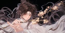 1boy absurdres bandaged_neck bandaged_wrist bandages bishounen branch brown_hair bud cherry_blossoms chinese_clothes close-up closed_mouth curtained_hair dark_background expressionless eyelashes eyes_visible_through_hair fighting_stance floating_hair flower glowing glowing_flower hair_bun hair_ribbon hands_up hanfu highres holding holding_branch leaf long_eyelashes long_hair long_sidelocks looking_at_viewer male_focus parted_bangs pink_flower puffy_lips ribbon sidelocks silk simple_background single_hair_bun straight_hair sword_guard_stance tareme thick_eyebrows thick_eyelashes tianguan_cifu upper_body very_long_hair white_hanfu white_ribbon wide_sleeves xie_lian yellow_eyes yuumeenoo0222