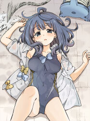1girl absurdres bikini bikini_under_clothes blush bow bowtie breasts collarbone commentary competition_swimsuit covered_navel fukaku-tei hair_between_eyes highres long_hair lying make_heroine_ga_oo_sugiru! medium_breasts on_back on_floor one-piece_swimsuit open_clothes open_shirt school_uniform shirt spread_legs swimsuit swimsuit_under_clothes tile_floor tiles unbuttoned wet white_shirt yanami_anna