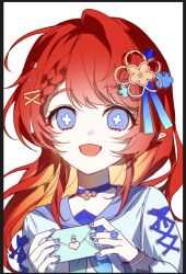 1girl alternate_costume alternate_hair_length alternate_hairstyle blue_choker blue_eyes blue_nails blue_sailor_collar choker commentary_request cross-section holding holding_letter honkai:_star_rail honkai_(series) korean_commentary letter long_hair looking_at_viewer open_mouth pointy_ears red_hair sailor_collar school_uniform serafuku simple_background smile solo starten1000 tribbie_(honkai:_star_rail) white_background white_serafuku