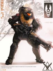 1boy absurdres armor artist_name assault_visor backpack bag character_name chinese_commentary commentary english_text full_armor full_body gun halo:_reach halo_(series) heavy_machine_gun helmet highres holding holding_gun holding_weapon jorge-052 m247h_heavy_machine_gun machine_gun orange_visor power_armor science_fiction shoulder_armor solo standing unsc_(emblem) user_yzmu4227 weapon