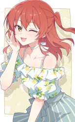 1girl blush bocchi_the_rock! border commentary e20 food_print fruit_print grey_skirt hair_between_eyes highres kita_ikuyo lemon_print long_hair looking_at_viewer off-shoulder_shirt off_shoulder one_eye_closed one_side_up open_mouth outside_border red_hair shirt skirt smile solo white_border white_shirt yellow_eyes