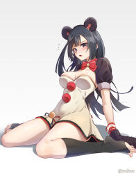 1girl absurdres animal_ears animal_hands black_hair blush breasts cleavage exciting_animal_(love_live!) fake_animal_ears gloves grey_eyes highres long_hair looking_at_viewer love_live! love_live!_nijigasaki_high_school_idol_club medium_breasts one_side_up paw_gloves solo toeless_socks toes twitter_username white_background yuki_setsuna yzlkun