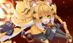 1girl animal_ears animal_nose blonde_hair brown_hair embers fang fire floating_hair furrification furry furry_female green_eyes highres holding holding_weapon horokusa_(korai) hu_wei_(zenless_zone_zero) jacket ju_fufu long_hair looking_at_viewer multicolored_hair open_mouth socks solo tail tiger_ears tiger_girl tiger_tail very_long_hair weapon whiskers white_hair white_socks zenless_zone_zero
