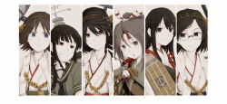 6+girls akagi_(kancolle) black_hair black_neckerchief braid brown_eyes brown_gloves brown_hair closed_mouth commentary_request flight_deck glasses gloves green_sailor_collar hair_between_eyes haruna_(kancolle) headband headgear hiei_(kancolle) japanese_clothes kantai_collection kawashina_(momen_silicon) kirishima_(kancolle) kitakami_(kancolle) multiple_girls muneate neckerchief nontraditional_miko partially_fingerless_gloves partly_fingerless_gloves rigging sailor_collar school_uniform serafuku single_braid tassel upper_body yugake zuihou_(kancolle)