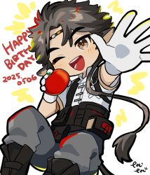 Rule 34 | 1boy, absurdres, animal ears, arknights, artist name, blush, commentary request, cow boy, cow ears, cow tail, dated, english text, food, fruit, gloves, grey pants, happy birthday, highres, holding, holding food, holding fruit, male focus, natori nato, one eye closed, open hand, open mouth, pants, shirt, smile, tail, tomato, wan qing (arknights), white background, white gloves, white shirt