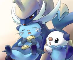 armor blue_eyes dewott evolutionary_line freckles gen_5_pokemon lying nintendo open_mouth oshawott pokemon pokemon_(creature) red_eyes samurott seashell shell