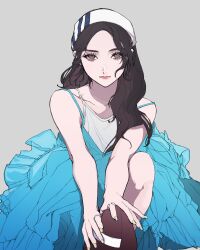 1girl absurdres american_football_(object) animification ball beret blue_dress brown_eyes brown_hair camisole collarbone dress green_nails grey_background hair_behind_ear hat highres holding holding_ball huh_yun-jin jewelry k-pop le_sserafim long_hair multiple_rings orihara_(ewkkyorhr) real_life ring sitting solo white_camisole white_hat