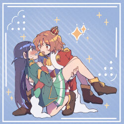 Rule 34 | 2girls, :d, aijou karen, back bow, blue background, blue jacket, blunt bangs, blush, boots, bow, brown boots, brown eyes, brown hair, carrying, carrying person, chinese commentary, commentary request, crown, epaulettes, eye contact, face-to-face, full body, fur-trimmed jacket, fur trim, green bow, green jacket, green skirt, hair between eyes, hand on own chest, hand up, hands up, highres, inset border, jacket, jacket on shoulders, long hair, long sleeves, looking at another, mini crown, miniskirt, multicolored jacket, multiple girls, nose blush, on one knee, open mouth, pleated skirt, princess carry, profile, purple eyes, purple hair, red jacket, red sash, red skirt, rei931218, sash, short hair, shoujo kageki revue starlight, shoulder sash, single stripe, skirt, smile, sparkle, striped background, striped clothes, striped skirt, sweat, tassel, tilted headwear, tsuyuzaki mahiru, two side up, v-shaped eyebrows, waist cape, wavy hair, white sash, yuri