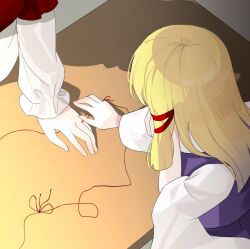 2girls bad_anatomy bad_hands blonde_hair chimi_(s2yuyukos2) commentary hair_ribbon layered_sleeves long_sleeves moriya_suwako multiple_girls no_headwear purple_vest red_ribbon ribbon shadow short_over_long_sleeves short_sleeves string string_of_fate table touhou vest wide_sleeves yasaka_kanako yuri