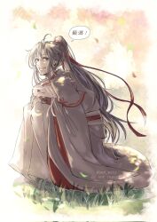 1boy ahoge animal animal_on_lap black_eyes black_hair black_hanfu chinese_clothes chinese_text dappled_sunlight falling_leaves full_body grass grin hair_ribbon hanfu high_ponytail highres holding holding_animal knees_up leaf limited_palette long_hair long_sleeves looking_at_viewer male_focus modao_zushi on_lap outdoors ponytail rabbit red_ribbon ribbon robe sen_mdzs sidelighting sidelocks sitting sleeves_past_wrists smile solo speech_bubble sunlight twitter_username very_long_hair wei_wuxian wide_sleeves wind