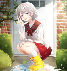1girl :d absurdres blurry blurry_background boots bow brick_wall depth_of_field door eyebrows_hidden_by_hair female_focus fingernails frilled_sailor_collar frills full_body grey_hair hair_between_eyes head_tilt highres long_sleeves open_mouth original plaid_clothes plaid_sailor_collar pleated_skirt puddle purple_eyes red_bow red_sailor_collar red_skirt reflection ripples round_teeth rubber_boots sailor_collar school_uniform serafuku shirt skirt sleeves_past_wrists smile socks solo squatting teeth the_cold upper_teeth_only v water white_shirt white_socks yellow_boots
