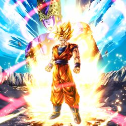 2boys absurdres aura cell_(dragon_ball) dragon_ball dragon_ball_legends highres multiple_boys muscular muscular_male official_art serious son_goku super_saiyan