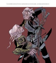2girls armor baldur&#039;s_gate baldur&#039;s_gate_3 black_blood blood blood_on_face breastplate colored_skin covering_another&#039;s_mouth dark_elf dungeons_&amp;_dragons elf english_text eye_contact hair_bun hand_on_another&#039;s_face highres holding holding_sword holding_weapon impaled j_jsh looking_at_another minthara multiple_girls murder pauldrons pointy_ears purple_skin red_background red_eyes shoulder_armor simple_background single_hair_bun source_quote stab standing stylized_blood sword tav_(baldur&#039;s_gate) two-handed vambraces weapon white_eyes white_hair wide-eyed