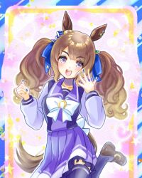 Rule 34 | 1girl, animal ears, blue eyes, blush, breasts, brown hair, chiffon, collarbone, commentary request, fingernails, hair between eyes, hair ornament, horse ears, horse girl, horse tail, leg up, long hair, medium breasts, open mouth, school uniform, solo, tail, thighhighs, tosen jordan (umamusume), tracen school uniform, twintails, umamusume