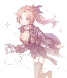 1girl absurdres aran_sweater arknights black_eyes black_skirt black_thighhighs brown_hair brown_pupils cable_knit commentary english_commentary garter_straps high-waist_skirt highres holding holding_weapon light_blush long_hair long_sleeves looking_at_viewer mole mole_under_eye parted_bangs parted_lips pinecone_(arknights) ponytail simple_background skirt solo sweater thighhighs turtleneck turtleneck_sweater weapon white_background xianyusixu yellow_sweater