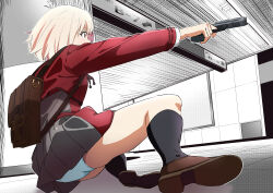 1girl absurdres arrow_(symbol) bag black_socks blonde_hair blue_panties brown_bag brown_eyes brown_shoes commentary_request dress dutch_angle fluorescent_lamp from_side full_body grey_dress gun hallway highres holding holding_gun holding_weapon indoors kneehighs loafers long_sleeves lycoris_recoil lycoris_uniform monochrome_background multicolored_dress nishikigi_chisato outstretched_arm panties pantyshot pleated_dress red_dress school_bag serious shoes short_hair sign socks solo thighs tile_floor tile_wall tiles underwear weapon wtct8324