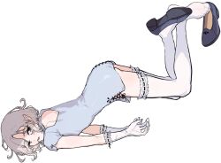 1boy androgynous bags_under_eyes black_eyes black_shoes blue_dress clothing_cutout crossdressing dress dungeon_meshi elf full_body gloves grey_hair highres lazy_eye looking_at_viewer male_focus mchi125 mithrun notched_ear open_mouth pointy_ears shoes short_hair simple_background solo thighhighs trap uneven_eyes wavy_hair white_background white_gloves white_thighhighs