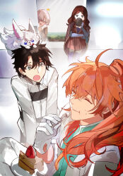 2boys 2girls :o :t ^^^ ^_^ absurdres ahoge black_hair black_pants blue_eyes blue_gloves brown_hair cake chaldea_uniform closed_eyes coat collared_jacket creature_on_head cup eating elbow_gloves fate/grand_order fate_(series) flying_sweatdrops food food_on_face fork fou_(fate) fui_(fui29493452) fujimaru_ritsuka_(male) glasses gloves green_eyes hair_over_one_eye hair_over_shoulder highres holding holding_cup holding_fork holding_plate indoors jacket jitome leonardo_da_vinci_(fate) long_hair long_sleeves mash_kyrielight mug multiple_boys multiple_girls o_o open_mouth orange_hair pants parted_bangs peeking plate purple_hair rectangular_eyewear romani_archaman short_hair white_coat white_gloves white_jacket wing_collar