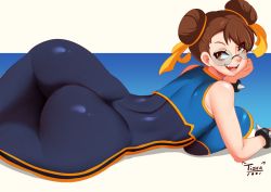 1girl 2022 artist_logo artist_name asian ass ass_focus big_breasts bodysuit breasts brown_eyes brown_hair capcom chun-li double_bun female female_focus glasses grin hair_bun huge_ass huge_breasts large_breasts leggings logo looking_at_viewer lying narrow_waist naughty_face on_stomach open_mouth short_hair simple_background smile solo solo_focus street_fighter street_fighter_alpha street_fighter_zero_(series) suggestive_look thick_thighs thighs tiger1001 tight_bodysuit tight_clothes wide_hips