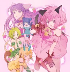 aizawa_mint animal_ears aqua_gloves bell blonde_hair blush cat_ears cat_tail choker detached_sleeves double_bun fong_pudding frilled_thigh_strap fujiwara_zakuro gloves green_choker green_eyes green_garter green_hair hair_bun hano_luno highres jingle_bell long_hair looking_at_viewer magical_girl mew_ichigo mew_lettuce mew_mint mew_pudding mew_zakuro midorikawa_lettuce momomiya_ichigo monkey_ears monkey_girl pink_choker pink_eyes pink_hair puffy_detached_sleeves puffy_sleeves purple_eyes purple_tube_top red_gloves short_hair smile strapless tail tail_bell tail_ornament thigh_strap tokyo_mew_mew tokyo_mew_mew_new tube_top wolf_ears