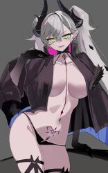 1girl absurdres black_cloak black_hands black_panties blush body_markings breasts cloak colored_extremities crossed_bangs demon_girl demon_horns fate/grand_order fate_(series) green_eyes grey_hair highres horns large_breasts lilith_(fate) lilith_(second_ascension)_(fate) long_hair looking_at_viewer navel open_mouth panties s4ika smile solo stomach_tattoo tattoo twintails underwear