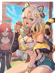 2girls ahoge animal_ear_fluff animal_ears aqua_shorts black_bodysuit black_nails blonde_hair blue_sky bodysuit bracelet breasts bright_pupils cleavage cloud cross-laced_bodysuit cupcake food genshin_impact green_eyes hareteruya highres jewelry leaning_forward lips mavuika_(genshin_impact) multicolored_nails multiple_bracelets multiple_girls multiple_rings open_mouth red_eyes red_hair ring short_shorts shorts sky stomach sweat tail thighs two-tone_nails white_pupils xilonen_(genshin_impact) yellow_nails