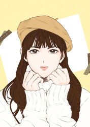 1girl blunt_bangs brown_eyes brown_hair closed_eyes commentary_request gfriend hat k-pop korean_commentary long_hair long_sleeves looking_at_viewer pink_lips real_life solo sweater turtleneck turtleneck_sweater upper_body white_sweater yerin_(gfriend) yuringi
