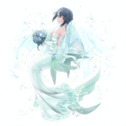 1girl awono_nanaumi back blue_flower bouquet braid bridal_veil bride bubble commentary commentary_request dress elbow_gloves fins flower fukami_nana_(awono_nanaumi) gloves green_gloves hair_flaps highres holding holding_bouquet looking_at_viewer mermaid mermaid_out_of_environment monster_girl original side_braid solo strapless strapless_dress underwater veil watermark wedding_dress