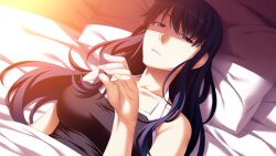 1girl bare_shoulders bed black_shirt blue_eyes blue_hair breasts collarbone dutch_angle game_cg grisaia_(series) grisaia_no_meikyuu hair_down half-closed_eyes head_on_pillow kusakabe_asako large_breasts long_hair looking_at_viewer lying non-web_source on_back on_bed parted_lips pillow shirt sleeveless sleeveless_shirt solo spoilers under_covers upper_body watanabe_akio