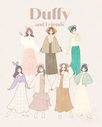 6+girls absurdres animal_ears animification bear_ear_hairband bear_ears brown_hair cookieann duffy_and_friends duffy_the_disney_bear full_body gelatoni genderswap hat highres humanization linabell long_hair looking_at_viewer meecosme multiple_girls olu_mel shelliemay shirt short_hair skirt smile stellalou sweater