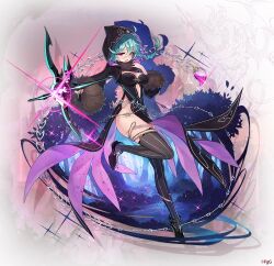 1girl abaris_(phantom_of_the_kill) ahoge ayi_(gumi) black_dress black_footwear black_hood black_thighhighs bow_(weapon) chain clothing_cutout commentary_request crossbow dress full_body green_hair hair_between_eyes holding holding_crossbow holding_weapon hood hood_up long_sleeves looking_at_viewer low_ponytail no_panties official_alternate_costume official_art open_mouth phantom_of_the_kill ponytail purple_eyes second-party_source side_slit solo standing standing_on_one_leg thighhighs thighs two-sided_dress two-sided_fabric two-sided_hood weapon