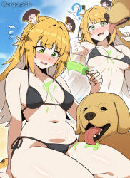 1girl ? aged_up animal_ears bikini black_bikini blonde_hair breasts dog everyday2 food green_eyes highres holding holding_food holding_popsicle ju_fufu looking_at_viewer medium_breasts multicolored_hair navel popsicle side-tie_bikini_bottom swimsuit tail tiger_ears tiger_girl tiger_tail two-tone_hair white_hair zenless_zone_zero