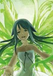 Rule 34 | 1girl, bare shoulders, black hair, blush, chuuou higashiguchi, collarbone, dress, flat chest, green eyes, green hair, hair flaps, highres, light particles, long hair, looking at viewer, nitroplus, non-web source, parted lips, ribbon, saya (saya no uta), saya no uta, simple background, sleeveless, sleeveless dress, smile, solo, sundress, very long hair, white background, white dress, wings