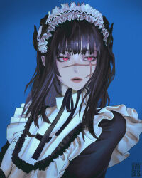 1girl 2023 absurdres alternate_costume black_bow black_dress blue_background bow chainsaw_man dress expressionless facial_scar frills hair_behind_ear hairband highres lolita_hairband long_hair looking_at_viewer looking_to_the_side portrait realistic red_eyes scar scar_on_cheek scar_on_face solo taorotana white_hairband yoru_(chainsaw_man)