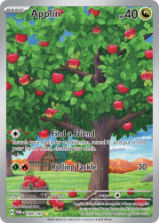 apple apple_tree applin artist_name blue_sky bucket card_(medium) character_name closed_eyes cloud company_name copyright_name copyright_notice day english_text food fruit gen_8_pokemon grass house in_bucket in_container in_tree katsunori_s leaf nintendo no_humans official_art outdoors pokemon pokemon_(creature) pokemon_card pokemon_focus pokemon_tcg rock sky third-party_source trading_card tree window wooden_bucket