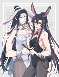 2boys :p alternate_costume animal_ear_hairband animal_ears bare_shoulders black_hair black_leotard black_pantyhose blue_bow blue_bowtie border bow bowtie bulge closed_mouth crossdressing dated detached_collar fake_animal_ears fake_tail flute flute_tassel hair_ribbon hairband hand_on_another&#039;s_chin hand_on_another&#039;s_waist headband highres holding holding_flute holding_instrument inset_border instrument kimako_(kimako_8) lan_wangji leotard long_hair looking_at_viewer male_focus male_playboy_bunny modao_zushi multiple_boys pantyhose pectoral_cleavage pectorals playboy_bunny ponytail purple_eyes rabbit_ears rabbit_tail red_bow red_bowtie red_ribbon ribbon sidelocks smile strapless strapless_leotard sweatdrop tail tassel tongue tongue_out topknot trap twitter_username very_long_hair watermark wei_wuxian white_headband white_leotard wrist_cuffs xiao_guan_(headdress) yaoi yellow_eyes