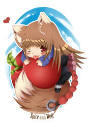 1girl 2000s_(style) animal_ears apple brown_hair chibi chibi_only commentary english_commentary food fruit heart holo long_hair looking_at_viewer maguro-chan one_eye_closed red_eyes smile solo spice_and_wolf tail tongue tongue_out wolf_ears wolf_girl wolf_tail