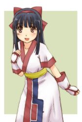 1girl ainu_clothes black_hair breasts brown_eyes clenched_hand fingerless_gloves gloves hair_ribbon hand_on_own_chest highres legs long_hair looking_at_viewer nakoruru open_mouth ribbon samurai_spirits small_breasts snk solo the_king_of_fighters thighs tongue