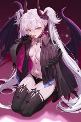 1girl absurdres black_gloves black_panties black_thighhighs black_wings breasts candy cleavage commentary_request crossed_bangs fate/grand_order fate_(series) food full_body gloves green_eyes hair_between_eyes hidis0086 highres holding holding_candy holding_food holding_lollipop horns kneeling lilith_(fate) lollipop long_hair long_sleeves looking_at_viewer medium_breasts navel no_bra open_mouth panties pointy_ears pubic_tattoo seiza sitting solo stomach tattoo thighhighs thighs tongue tongue_out twintails underwear white_hair wings