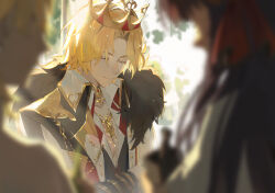 Rule 34 | 1girl, 2boys, alkaid mcgrath, alkaid mcgrath (godheim), black hair, black shirt, blonde hair, blurry, blurry foreground, buttons, closed mouth, collared jacket, collared shirt, crossed arms, crown, curtained hair, day, diamond button, fur-trimmed jacket, fur trim, gold necklace, gold trim, herb, heroine (lovebrush chronicles), highres, holding, holding leaf, hryc2344, jacket, jewelry, lapel chain, lars rorschach, lars rorschach (godheim), leaf, light particles, long hair, long sleeves, lovebrush chronicles, male focus, mortar (bowl), multiple boys, necklace, parted bangs, pestle, profile, shirt, short hair, sleeve cuffs, smile, solo focus, tree, upper body, white jacket, white shirt
