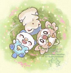 :d :o ^_^ artist_name bird circle_formation closed_eyes commentary_request cyndaquil fangs gen_2_pokemon gen_5_pokemon gen_7_pokemon highres looking_at_viewer lying nintendo no_humans okame_miko on_back open_mouth oshawott parted_lips pokemon rowlet signature smile starter_pokemon_trio watermark